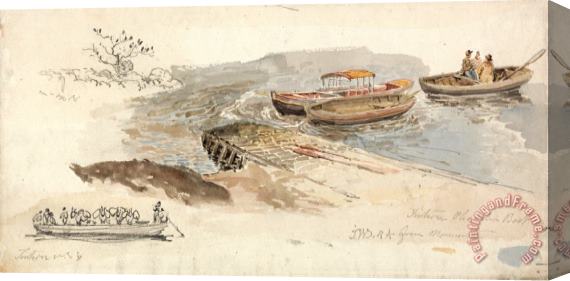 James Ward A Canopied Boat And Two Rowing Boats at a Jetty; Inset Left, a Pencil Study of The Tintern Livestock Stretched Canvas Painting / Canvas Art
