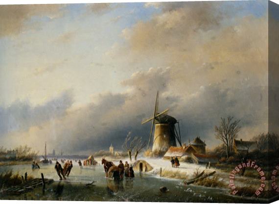 Jan Jacob Coenraad Spohler Figures Skating on a Frozen River Stretched Canvas Print / Canvas Art