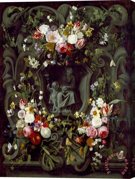 Jan Philip Van Thielen A Stone Cartouche with The Virgin And Child, Encircled by a Garland of Flowers Stretched Canvas Painting / Canvas Art