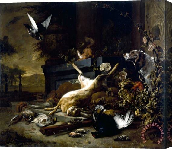 Jan Weenix Still Life of Game Including a Hare, Black Grouse And Partridge, a Spaniel Looking on with a Pigeon Stretched Canvas Painting / Canvas Art
