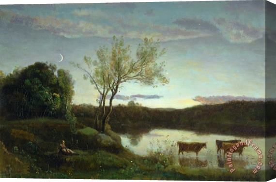 Jean Baptiste Camille Corot A Pond with three Cows and a Crescent Moon Stretched Canvas Print / Canvas Art