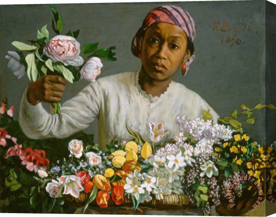 Jean Frederic Bazille Young Woman With Peonies Stretched Canvas Painting / Canvas Art
