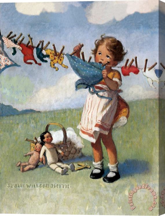 Jessie Willcox Smith Hanging Doll Clothes on a Windy Day Stretched Canvas Print / Canvas Art