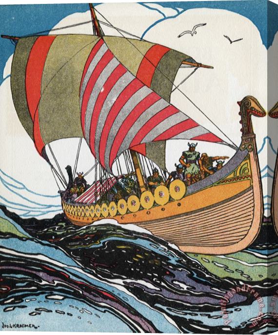 J.L. Kraemer Norse Explorer Leif Erickson's Ship Sailing Through Stormy Waters Stretched Canvas Print / Canvas Art