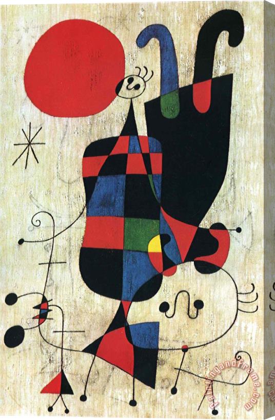 Joan Miro Figures And Dog in Front of The Sun Stretched Canvas Painting / Canvas Art