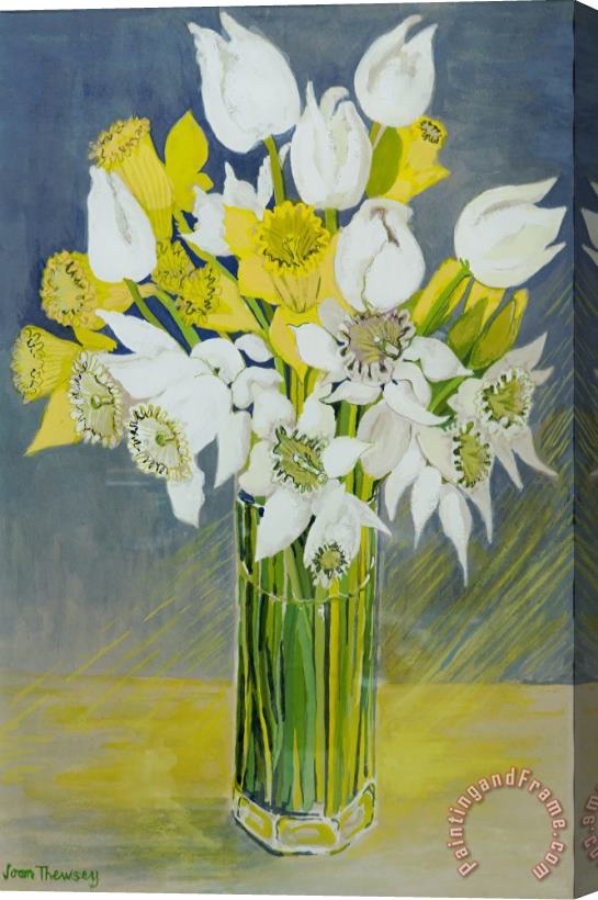 Joan Thewsey Daffodils And White Tulips In An Octagonal Glass Vase Stretched Canvas Print / Canvas Art