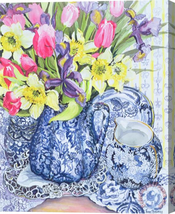 Joan Thewsey Daffodils Tulips And Irises With Blue Antique Pots Stretched Canvas Print / Canvas Art