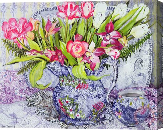 Joan Thewsey Pink And White Tulips Orchids And Blue Antique China Stretched Canvas Painting / Canvas Art