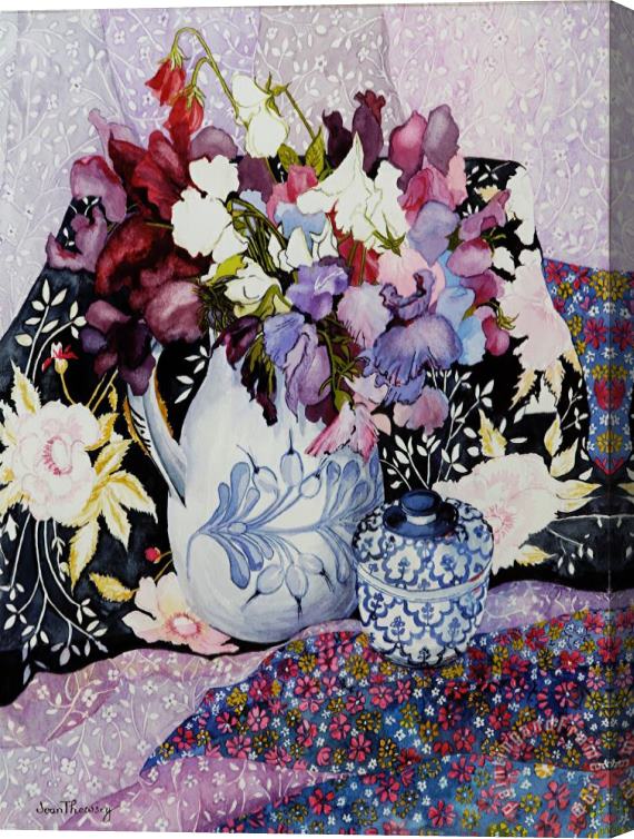 Joan Thewsey Sweet Peas In A Blue And White Jug With Blue And White Pot And Textiles Stretched Canvas Painting / Canvas Art