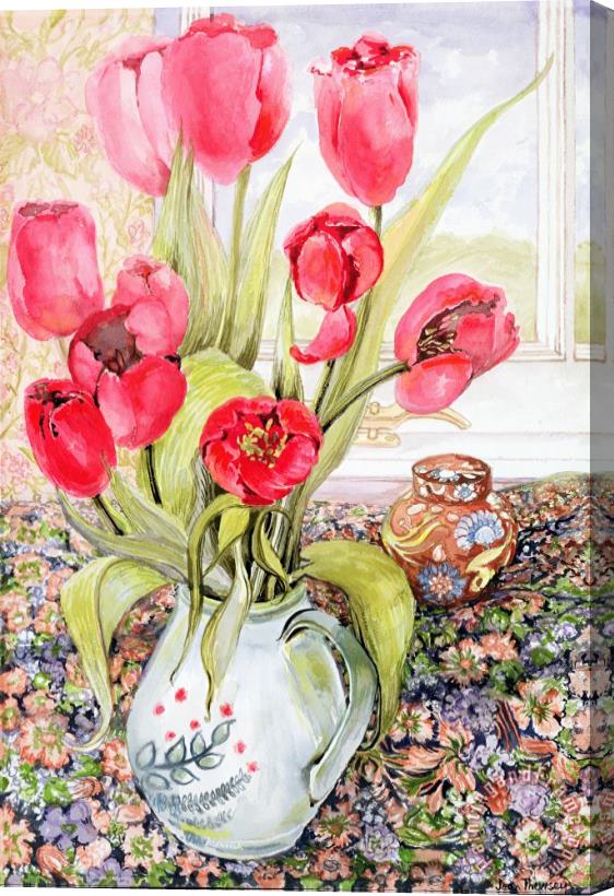 Joan Thewsey Tulips In A Rye Jug Stretched Canvas Painting / Canvas Art