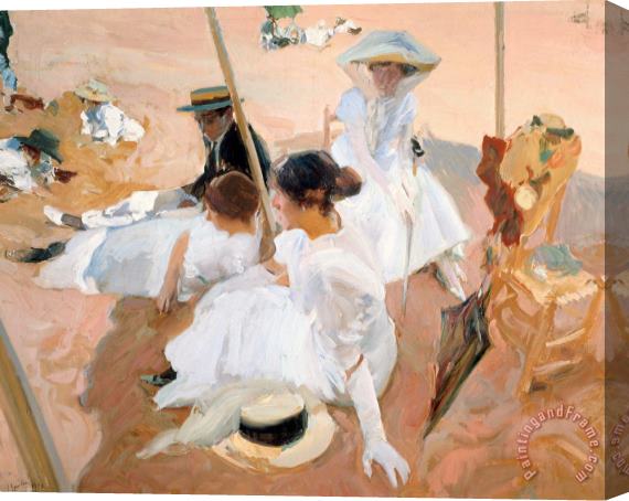 Joaquin Sorolla y Bastida Under The Awning, on The Beach at Zarauz Stretched Canvas Painting / Canvas Art