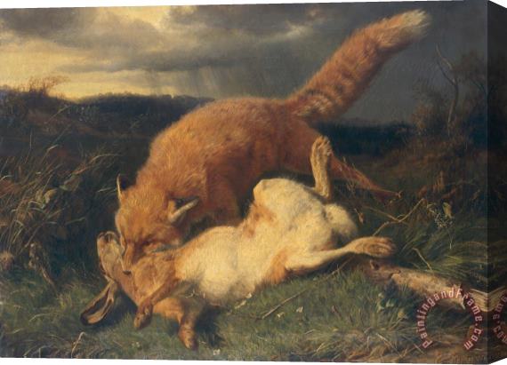 Johann Baptist Hofner Fox and Hare Stretched Canvas Painting / Canvas Art