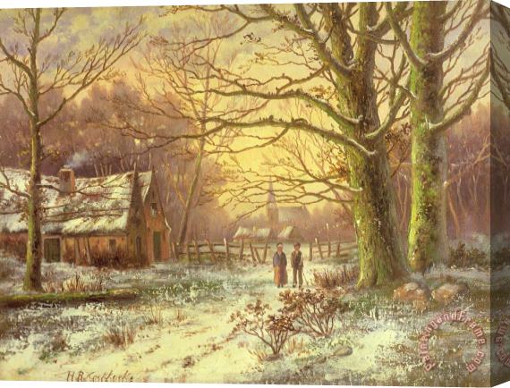 Johannes Hermann Barend Koekkoek Figures on a path before a village in winter Stretched Canvas Painting / Canvas Art