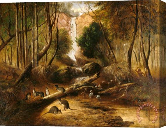 John Skinner Prout Bush Landscape with Waterfall And an Aborigine Stalking Native Animals, New South Wales Stretched Canvas Painting / Canvas Art