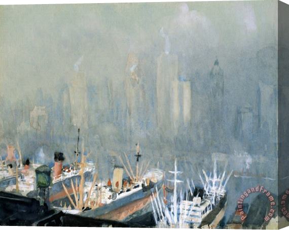 Joseph Pennell New York City Skyline From Brooklyn Harbor, Ships Docked in Foreground Stretched Canvas Print / Canvas Art