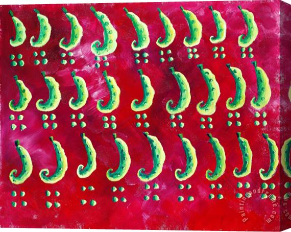 Julie Nicholls Peas On A Red Background Stretched Canvas Print / Canvas Art