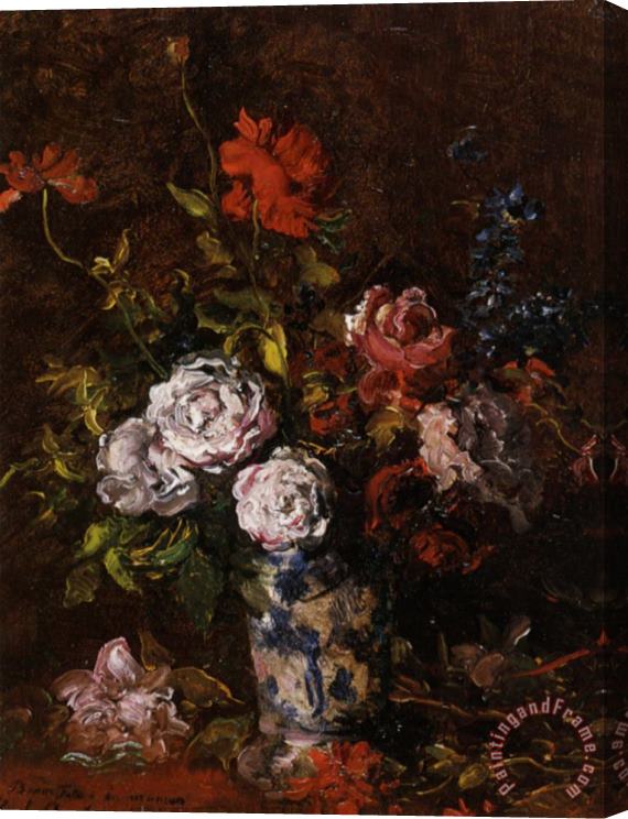 Karl Pierre Daubigny Floral Still Life in a Blue And White Porcelain Vase Stretched Canvas Painting / Canvas Art