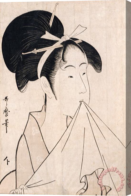 Kitagawa Utamaro A Bust Portrait of Okita of The Naniwaya Holding a Hand Towel in Her Teeth And Stretching The Cloth Stretched Canvas Painting / Canvas Art