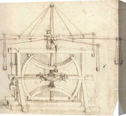 Drawing Canvas Prints - Flywheel Mechanical Drawing by Leonardo da Vinci