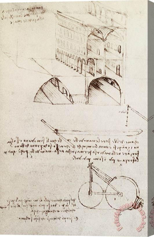 Leonardo da Vinci Manuscript B F 36 R Architectural Studies Development And Sections Of Buildings In City With Raise Stretched Canvas Painting / Canvas Art