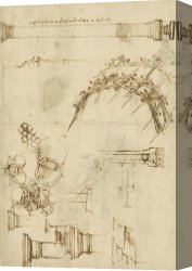 Drawing Canvas Prints - Screw Breech Bombard Decorative Geometrical Drawings Framework Of Self Supporting Military Bridge by Leonardo da Vinci
