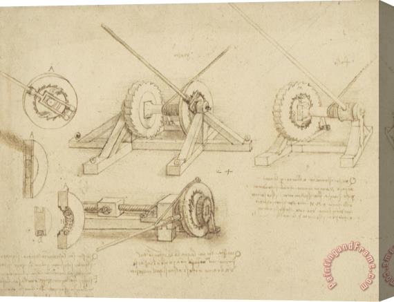 Leonardo da Vinci Winch Great Spring Catapult And Ladder From Atlantic Codex Stretched Canvas Painting / Canvas Art