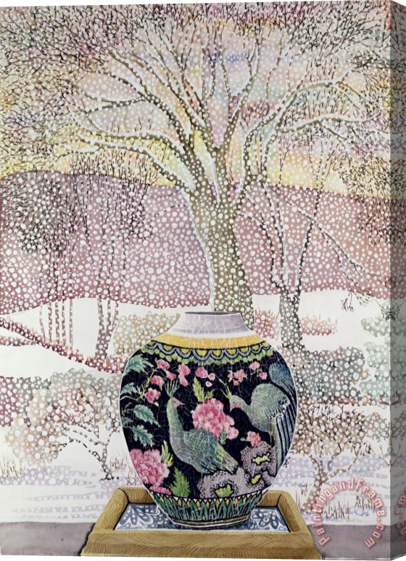 Lillian Delevoryas Large Ginger Jar In Snowstorm Stretched Canvas Painting / Canvas Art