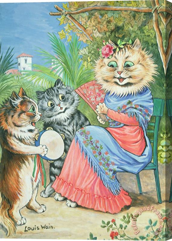 Louis Wain Mother cat with fan and two kittens Stretched Canvas Painting / Canvas Art