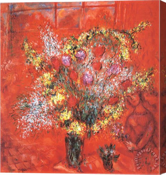 Marc Chagall Fleurs Sur Fond Rouge C 1970 Stretched Canvas Painting / Canvas Art
