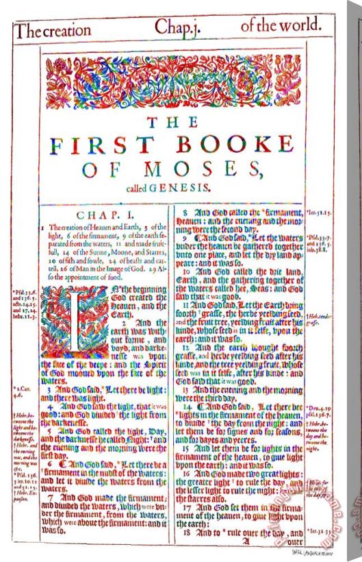Mark Lawrence Modern Art Genesis Cover Page From King James Bible Of 1611 Stretched Canvas Print / Canvas Art
