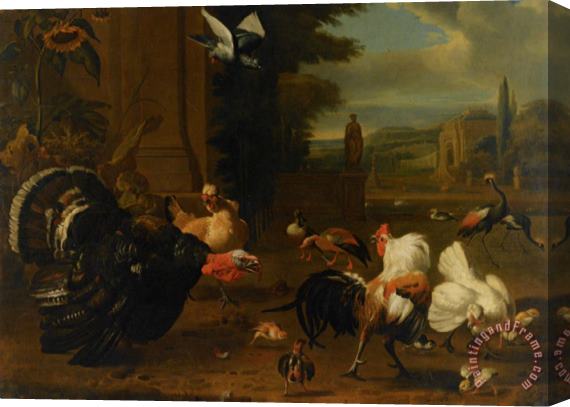 Melchior de Hondecoeter A Palace Garden with Exotic Birds And Farmyard Fowl Stretched Canvas Painting / Canvas Art