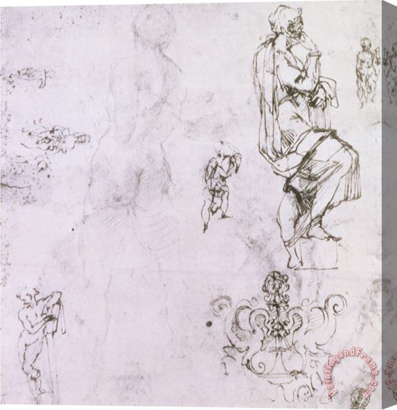 Michelangelo Buonarroti Sketches of Male Nudes a Madonna And Child And a Decorative Emblem Stretched Canvas Painting / Canvas Art