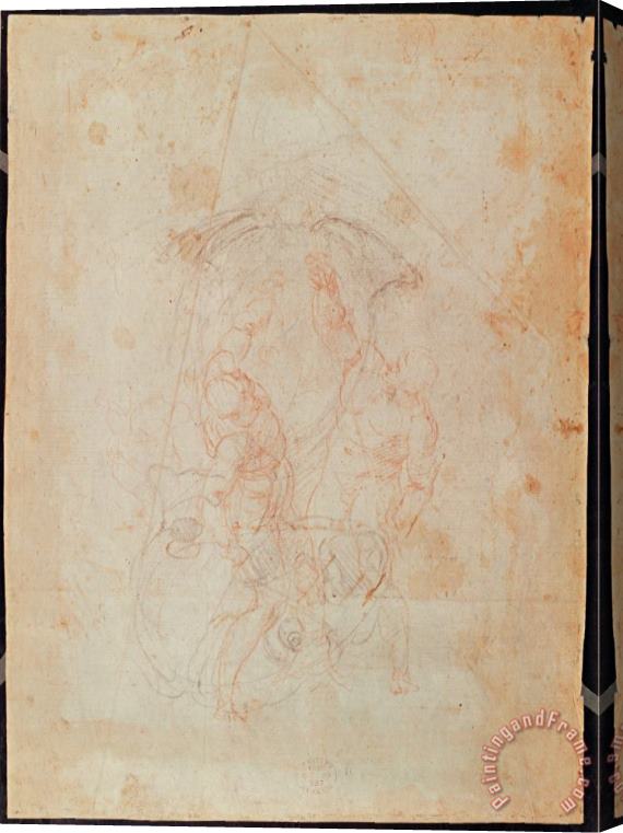 Michelangelo Buonarroti Study of Two Male Figures Red Chalk on Paper Verso Stretched Canvas Painting / Canvas Art