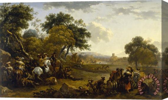 Nicolaes Pietersz Berchem Landscape with a Hunting Party Stretched Canvas Painting / Canvas Art