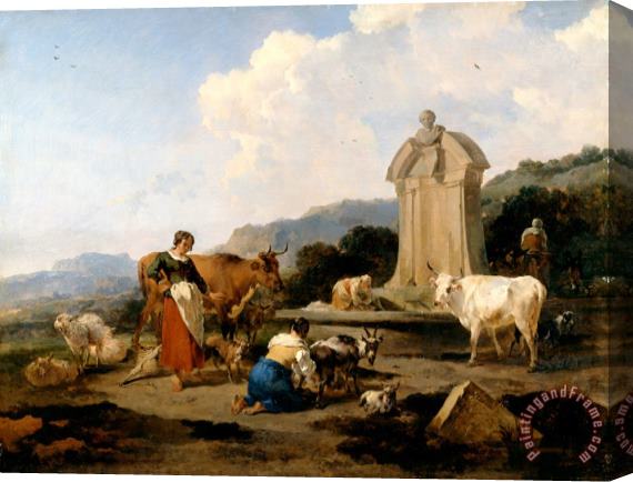 Nicolaes Pietersz Berchem Roman Fountain with Cattle And Figures (le Midi) Stretched Canvas Painting / Canvas Art
