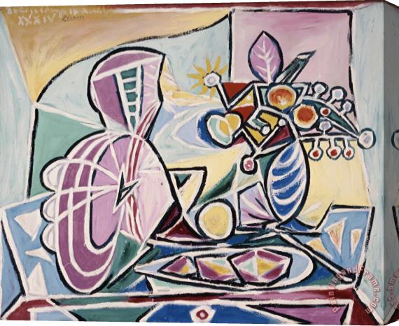 Pablo Picasso Mandolin And Vase of Flowers Stretched Canvas Print / Canvas Art