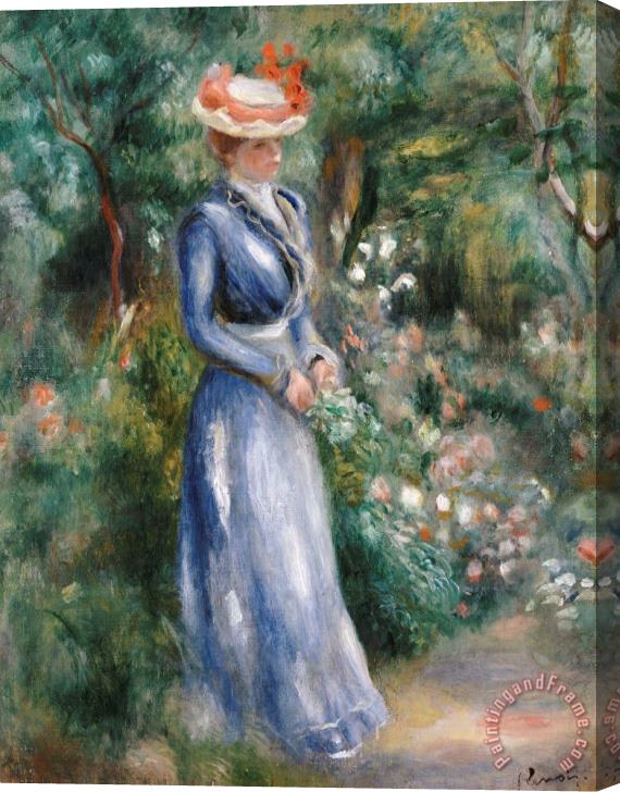 Pierre Auguste Renoir Woman in a Blue Dress Standing in the Garden at Saint-Cloud Stretched Canvas Painting / Canvas Art