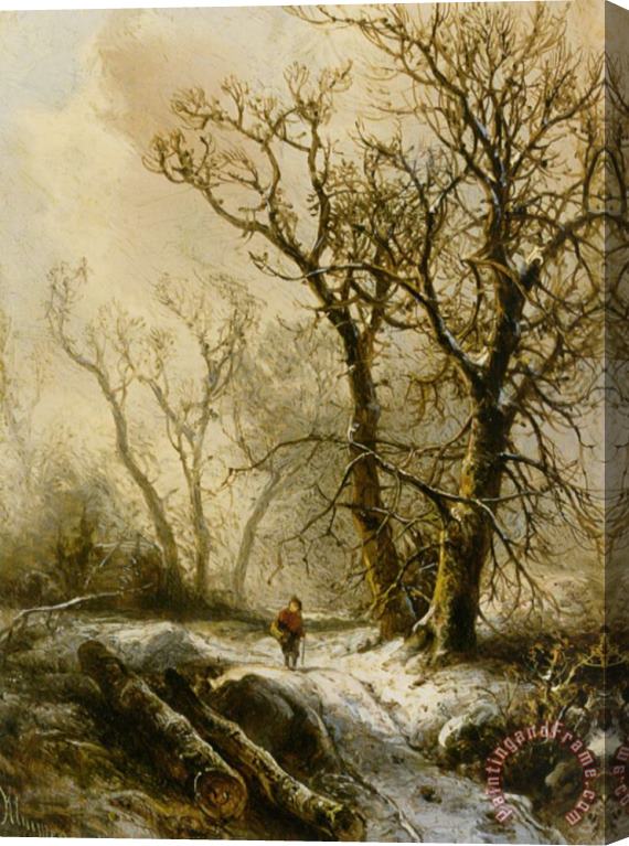 Pieter Lodewijk Francisco Kluyver A Figure in a Snowy Forest Landscape Stretched Canvas Painting / Canvas Art
