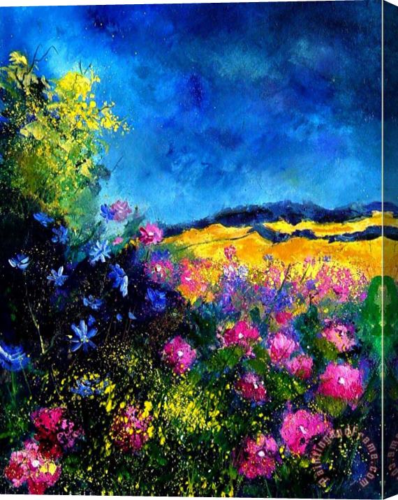 Pol Ledent Blue and pink flowers Stretched Canvas Painting / Canvas Art