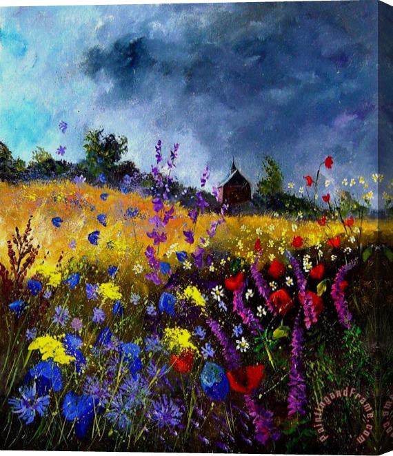 Pol Ledent Old chapel and flowers Stretched Canvas Print / Canvas Art
