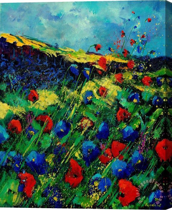 Pol Ledent Red and blue poppies 56 Stretched Canvas Painting / Canvas Art