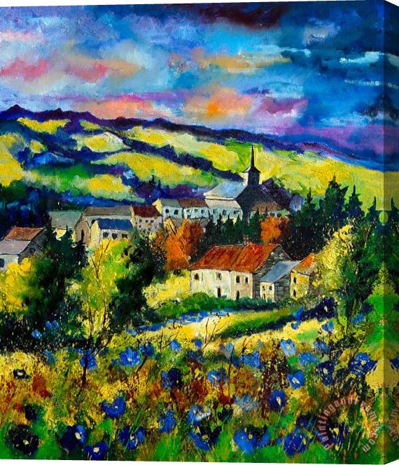 Pol Ledent Village and blue poppies Stretched Canvas Painting / Canvas Art