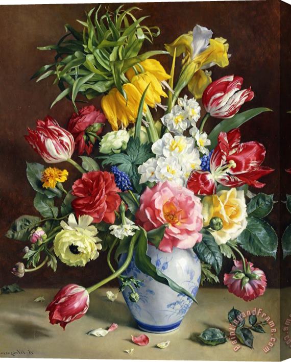 R Klausner Flowers In A Blue And White Vase Stretched Canvas Painting / Canvas Art