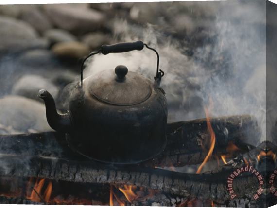 Raymond Gehman A Kettle of Water Comes to a Boil Over a Smoky Campfire Stretched Canvas Painting / Canvas Art