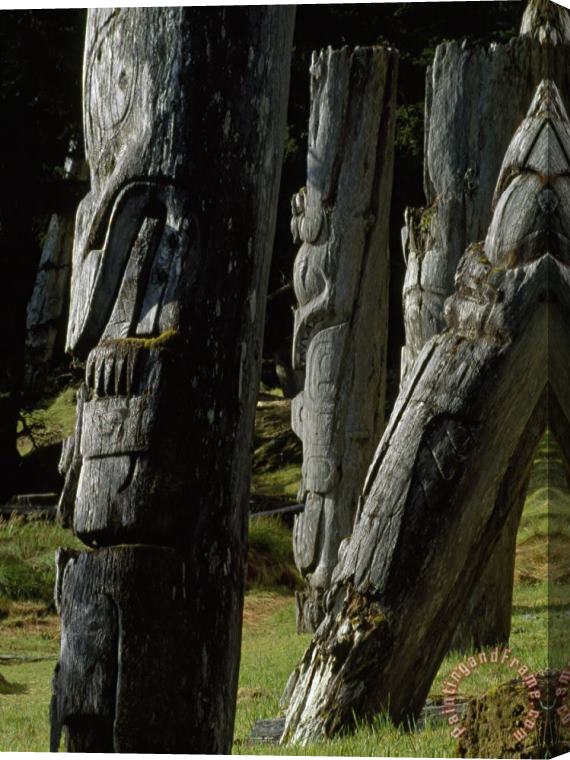 Raymond Gehman Haidi Mortuary Poles at Sgan Gwaii Village Held Remains of Respected Leaders Stretched Canvas Painting / Canvas Art