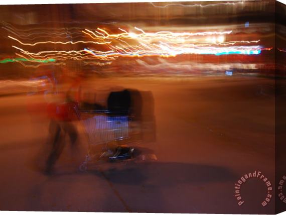 Raymond Gehman Man Pushing a Shopping Cart on a San Francisco Street at Night Stretched Canvas Print / Canvas Art