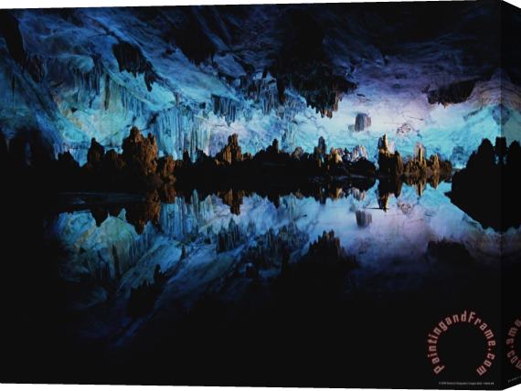 Raymond Gehman Reed Flute Cave Illuminated in Blue Light Stretched Canvas Painting / Canvas Art