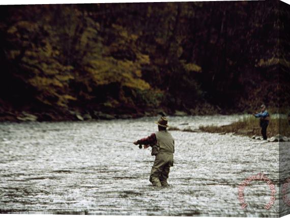 Raymond Gehman Two Men Fly Fishing in a Swift Moving River Stretched Canvas Print / Canvas Art