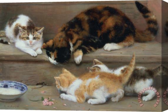 Rosa Jameson Cat and kittens chasing a mouse Stretched Canvas Painting / Canvas Art