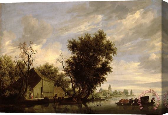 Salomon van Ruysdael River Scene with a Ferry Boat Stretched Canvas Painting / Canvas Art